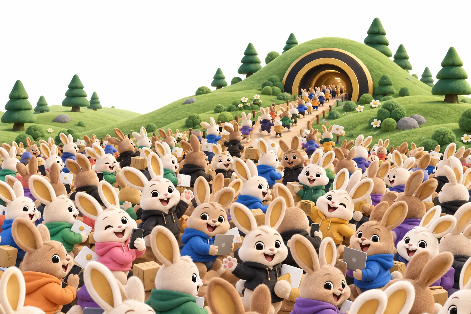 A crowd of HireRabbits users streaming into the burrow